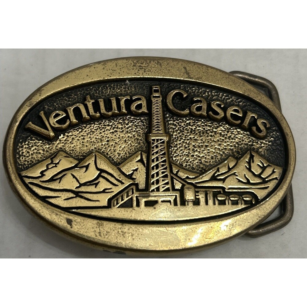 Vintage VENTURA CASERS Oil Drilling Brass Belt Buckle California Oilfield USA
